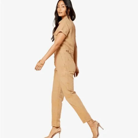 Outerknown S.E.A. Tan Sand Cotton Linen Jumpsuit Short Sleeve Medium - Picture 13 of 14